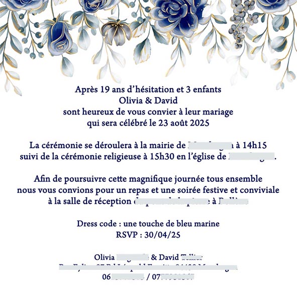 Faire-part de mariage thème fleurs bleues et doré chic modèle Oliana – Image 3